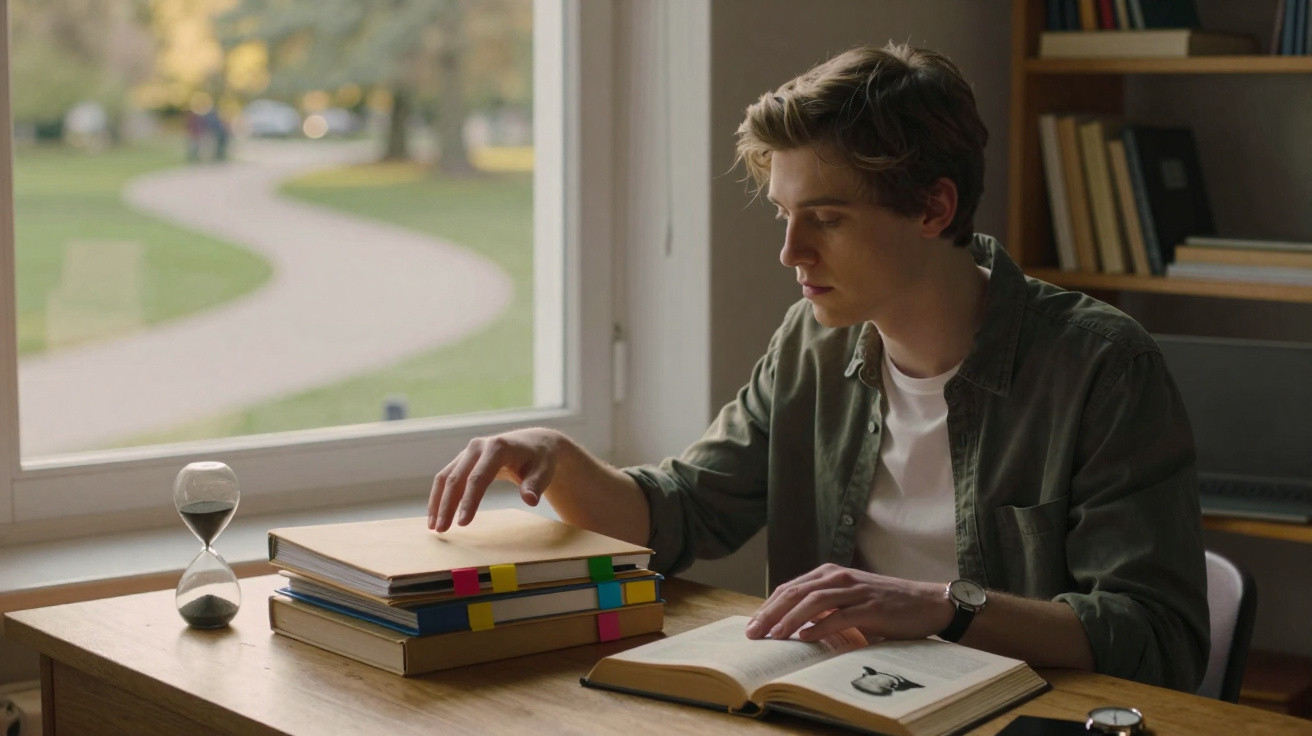 Jovem sentado lendo um livro em mesa de madeira, com vários livros e ampulheta ao lado, perto da janela.