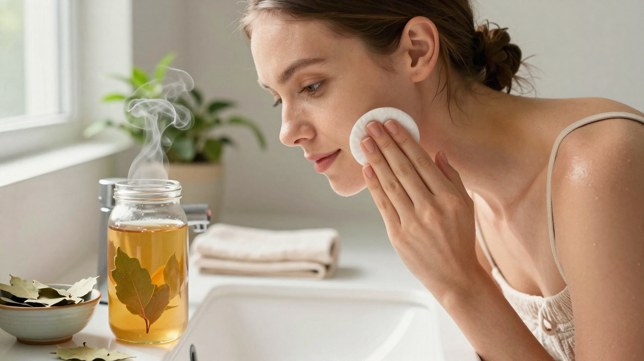 Mulher aplicando compressa no rosto próxima a jarra com infusão de folhas em ambiente de banheiro.