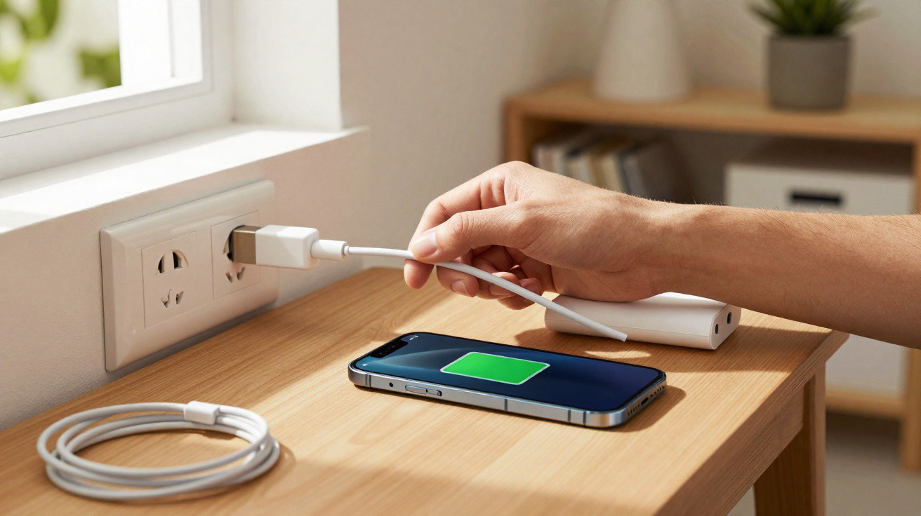 Mão conectando cabo para carregar celular sobre mesa de madeira clara próximo a tomada e power bank.