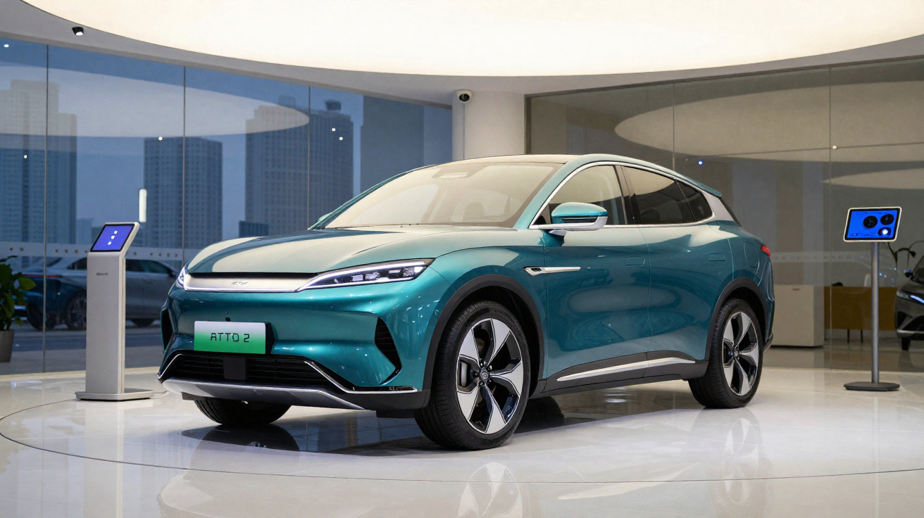 Carro elétrico SUV azul exibido em showroom moderno com veículos e monitores ao fundo.