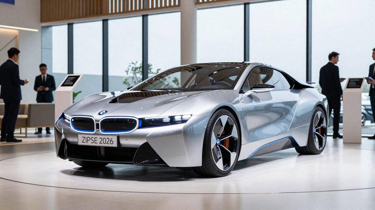 Carro esportivo elétrico BMW prata exposto em showroom moderno com pessoas ao fundo.