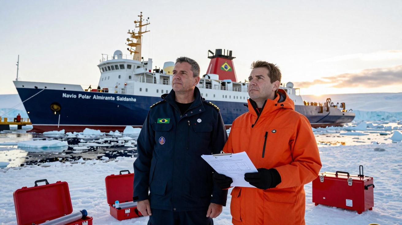 Dois homens com roupas de frio posam em frente ao navio polar Almirante Saldanha em ambiente gelado com gelo e neve.