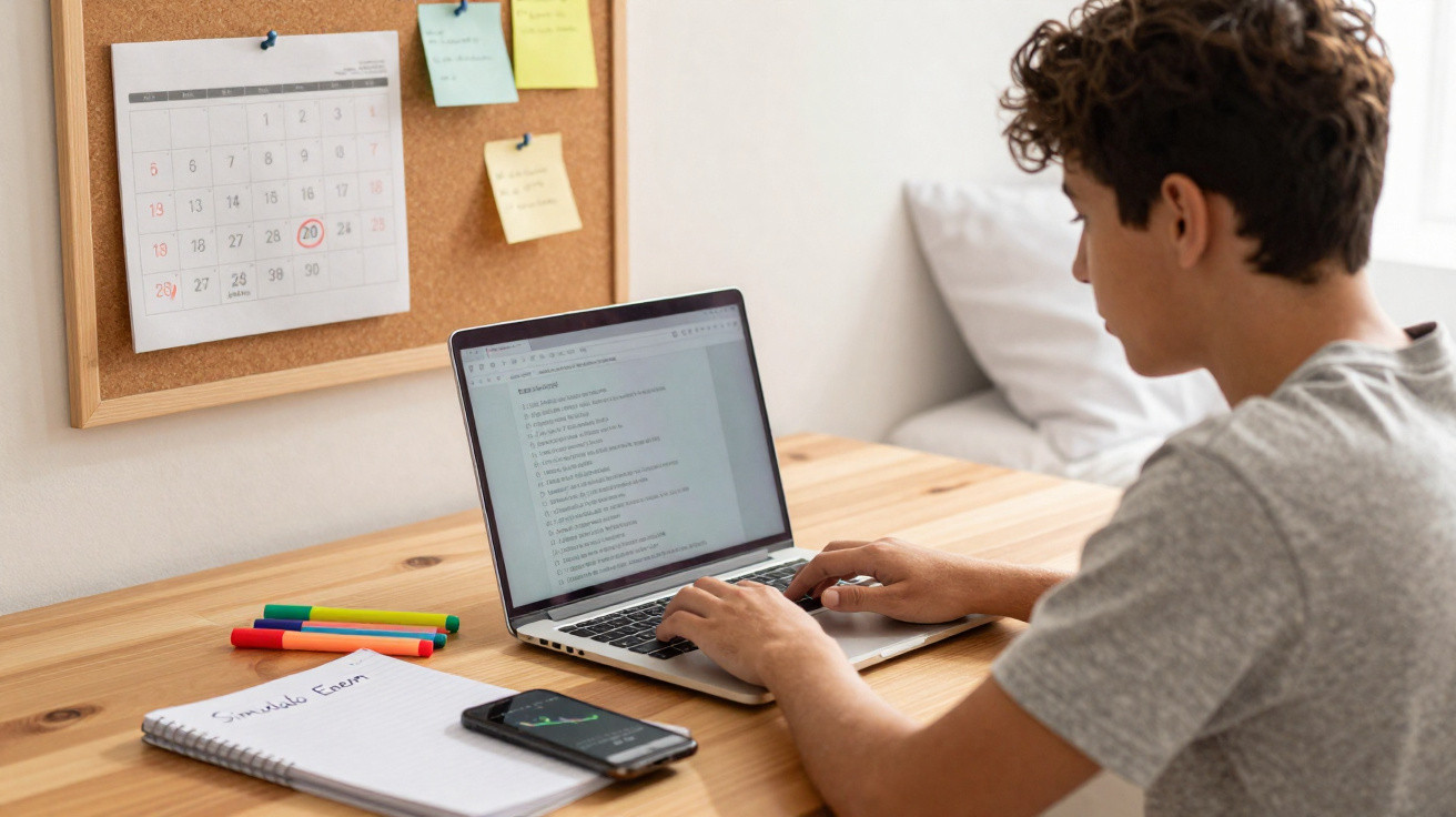 Jovem usando laptop em mesa com caderno, celular e quadro de avisos com calendário e anotações.