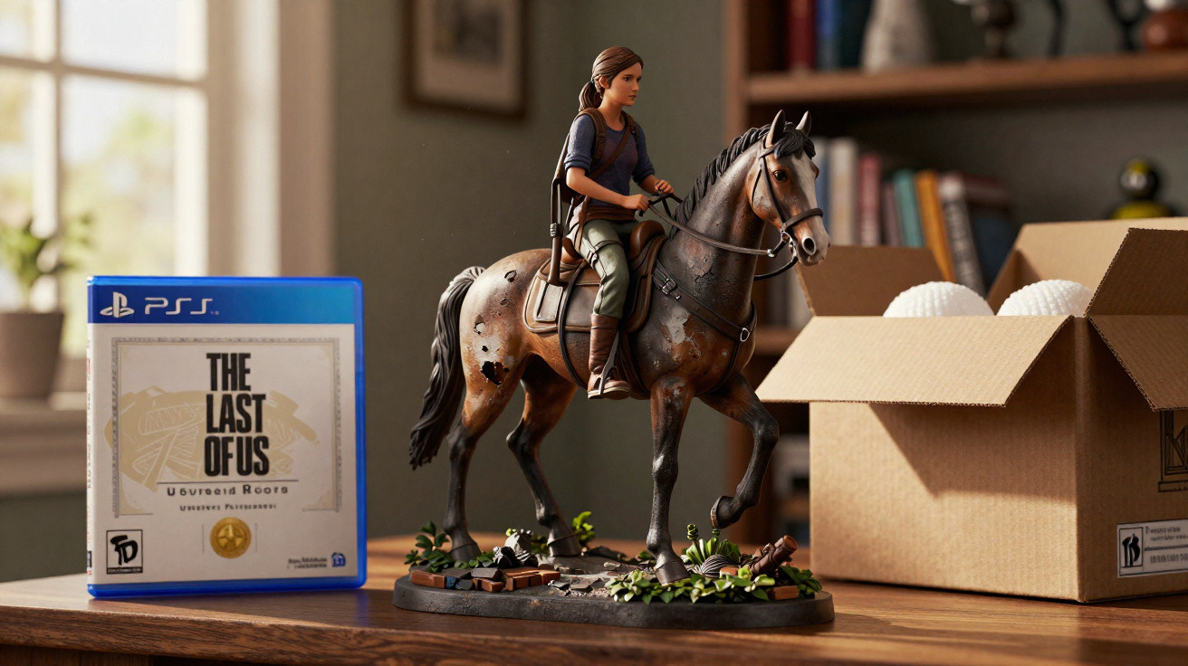 Estátua da personagem Ellie montada em cavalo ao lado de estojo do jogo The Last of Us para PS5.