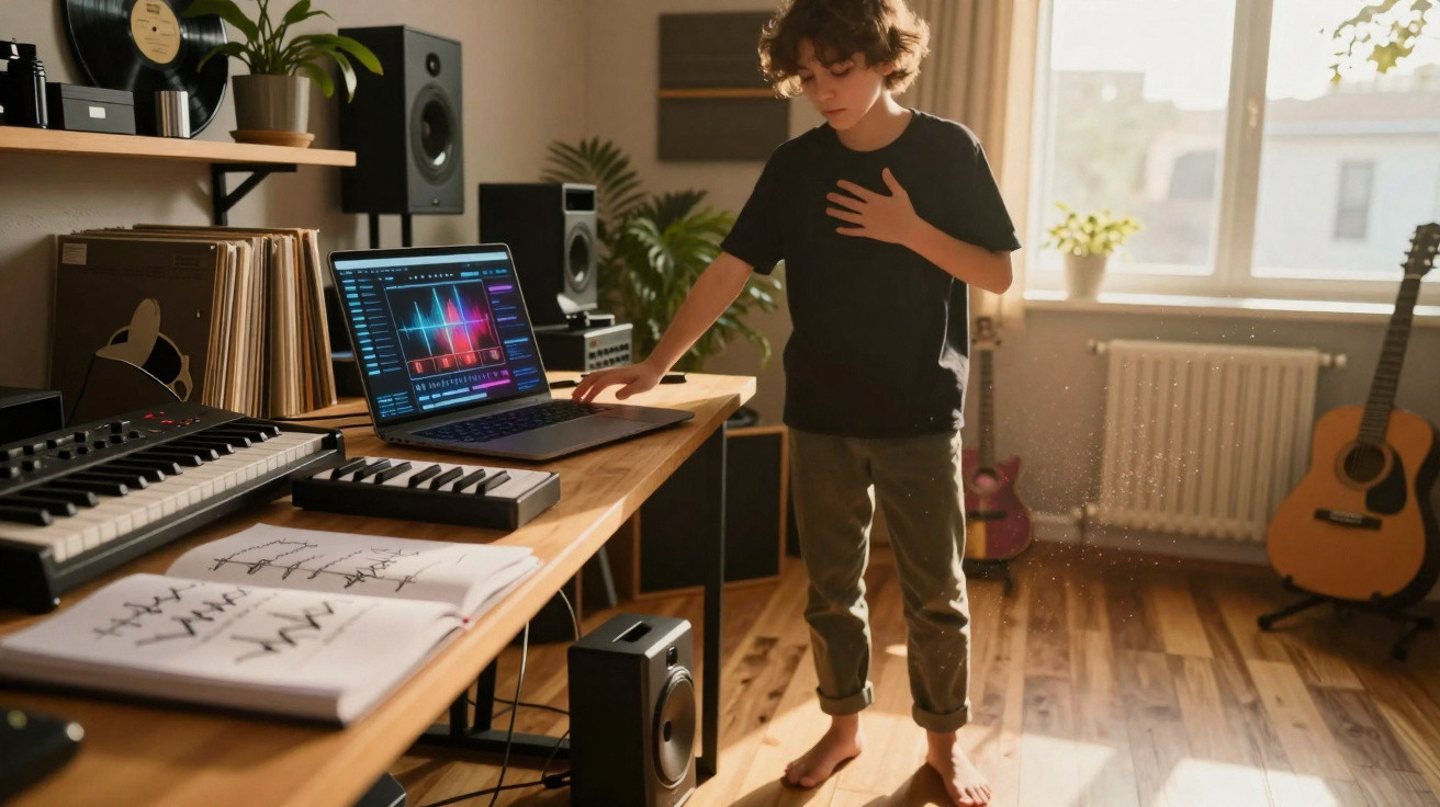 Criança descalça em estúdio caseiro com laptop, teclado musical e equipamentos de áudio.
