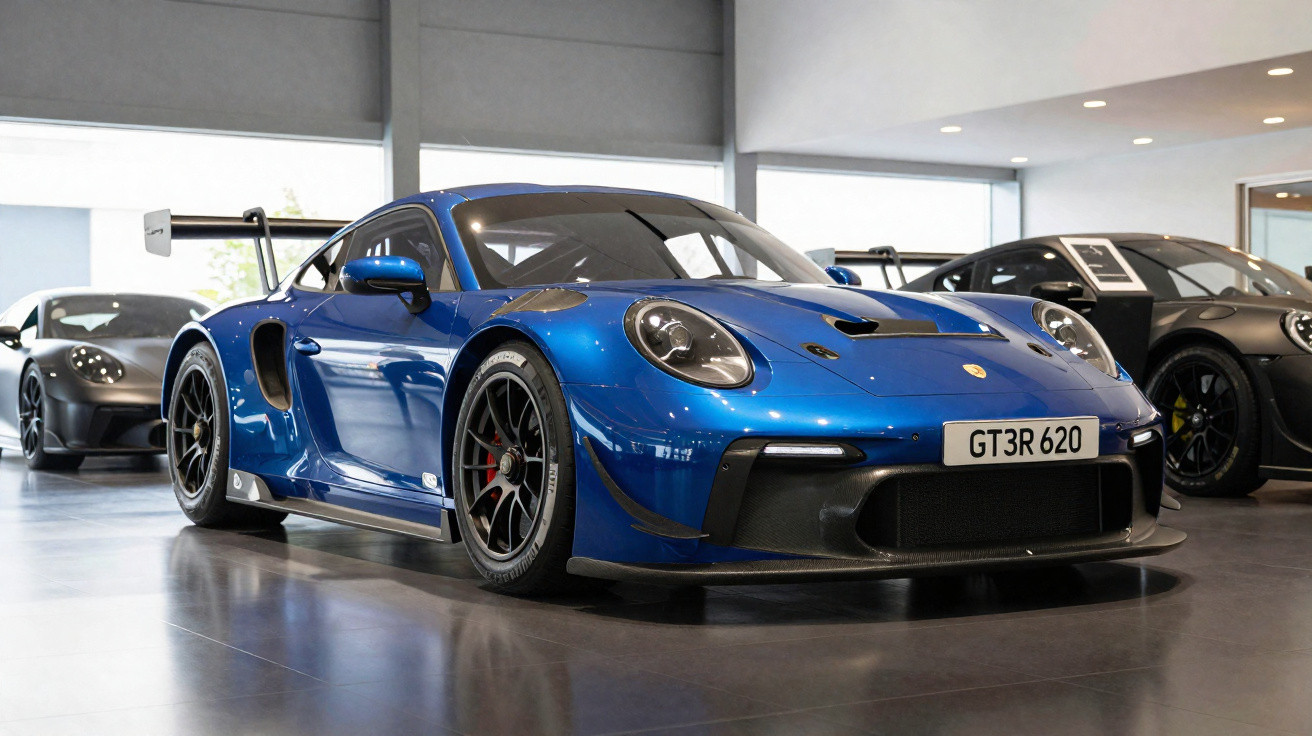 Carro esportivo azul com aerofólio grande em showroom com outros carros ao fundo.