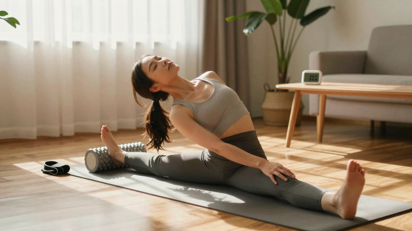 Mulher praticando alongamento em espaço iluminado, sentada em esteira de yoga, pernas esticadas em abertura lateral.