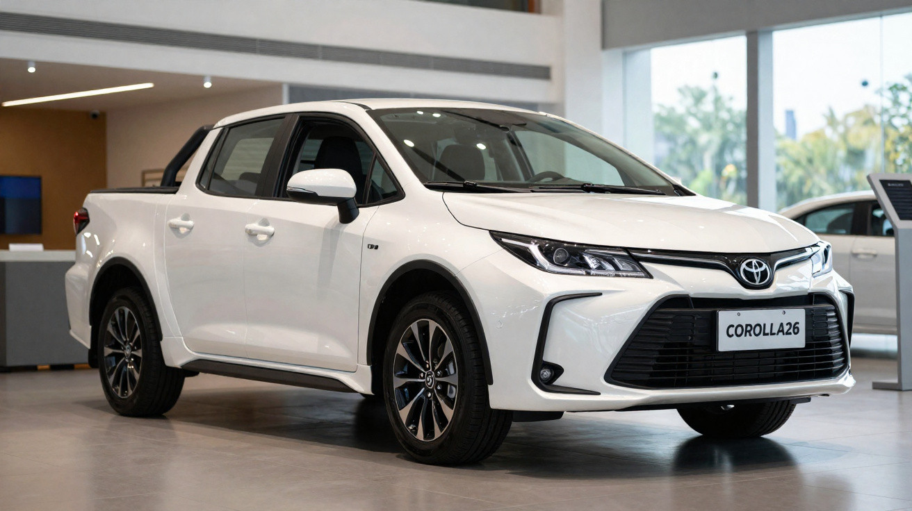 Picape branca Toyota Corolla Cross GR-S exibida em showroom moderno e iluminado.