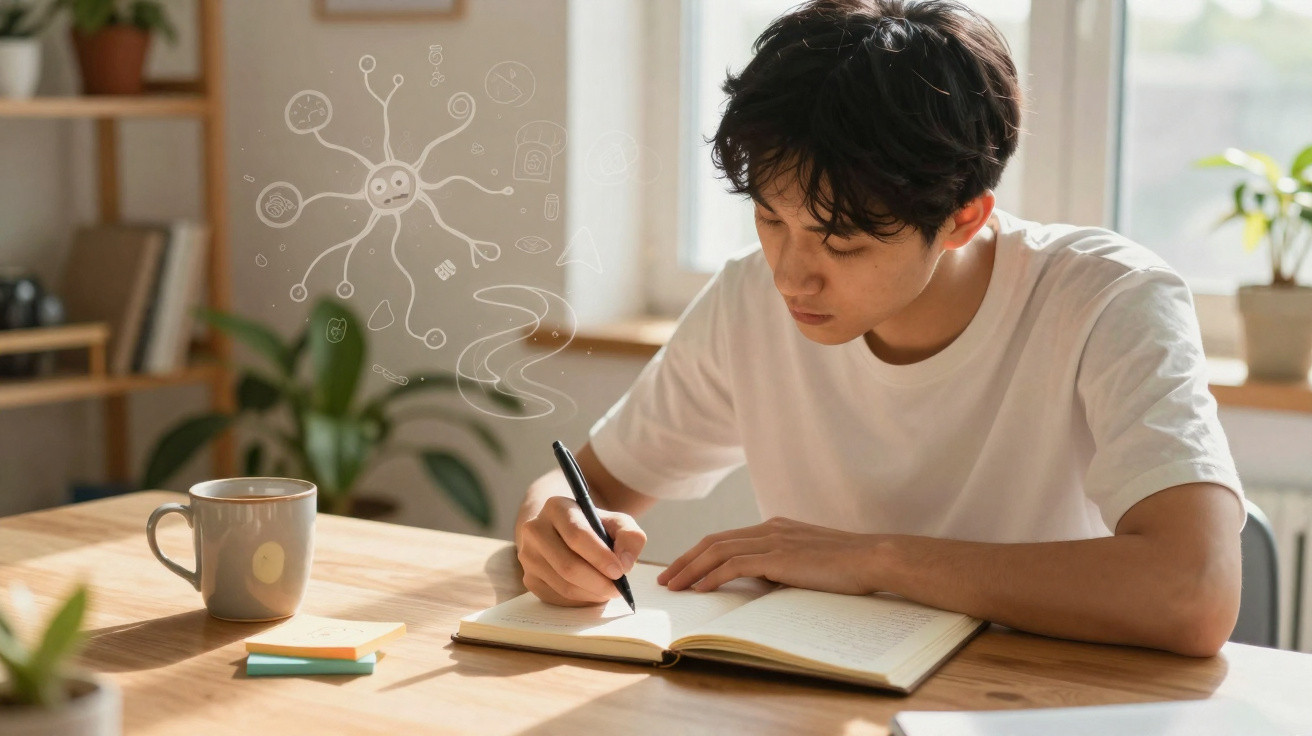 Jovem concentrado escrevendo em caderno, ao lado xícara de café e rascunho em mesa iluminada pela luz natural.
