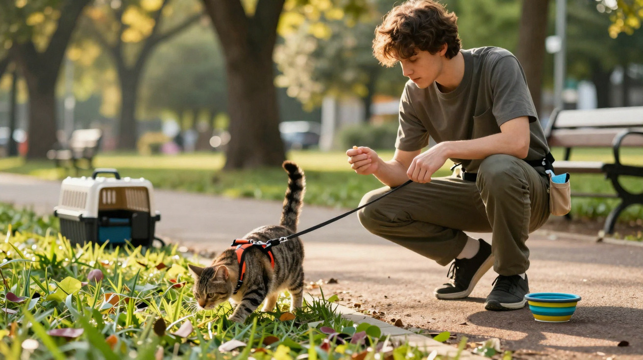 Jovem agachado no parque segurando coleira de gato que explora plantas próximas enquanto transportadora fica ao fundo.