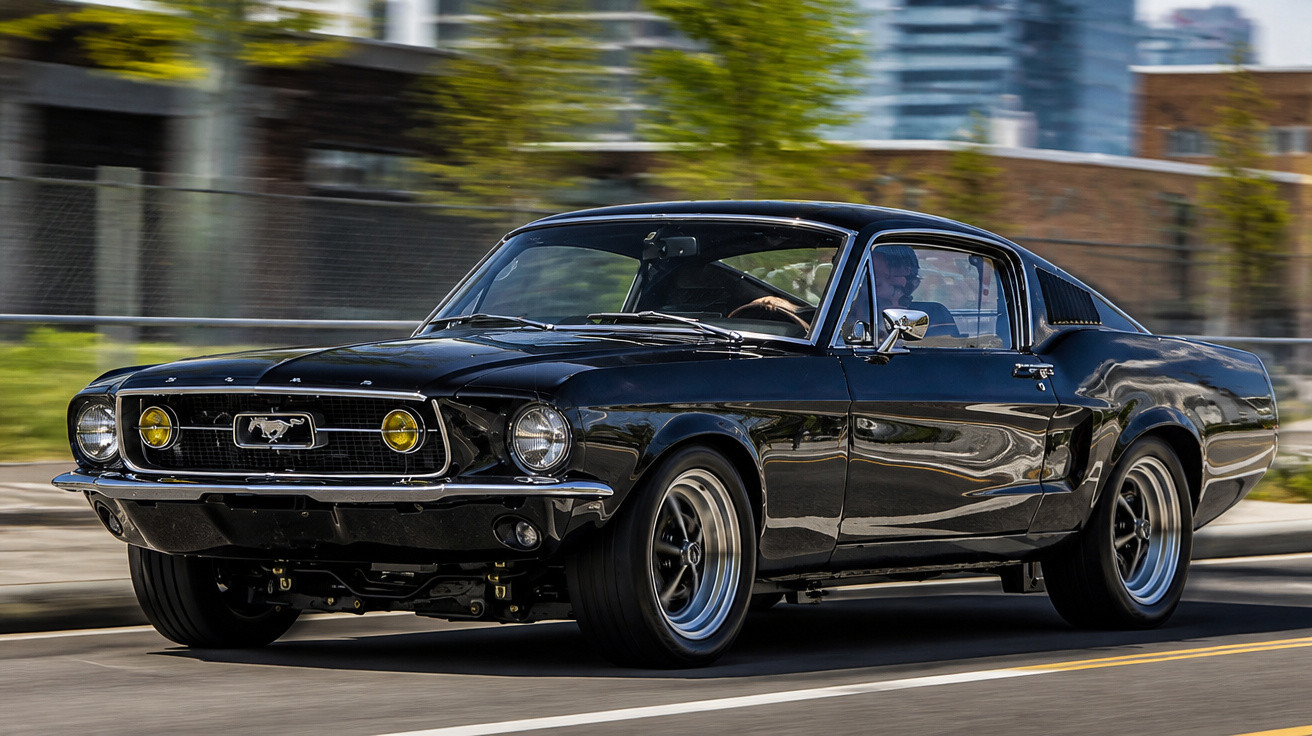 Carro clássico Ford Mustang preto em movimento em rua urbana com prédios ao fundo.