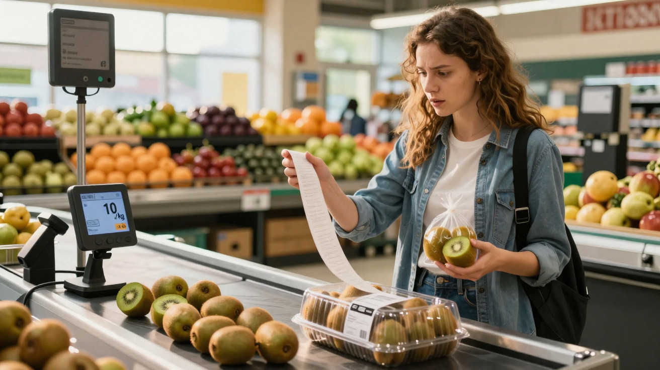 Mulher em supermercado confere preço na sacola enquanto segura kiwis próximos à balança eletrônica.
