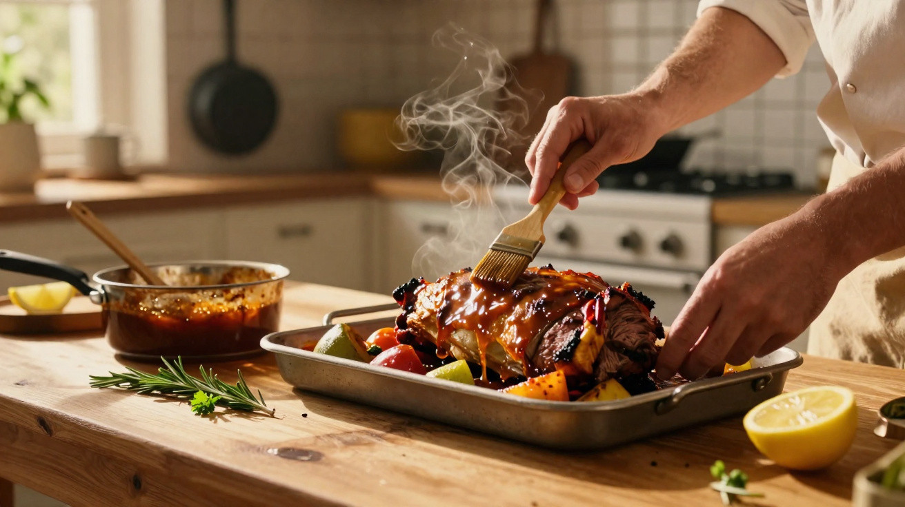 Pessoa pincelando molho em carne assada com legumes em assadeira numa cozinha iluminada