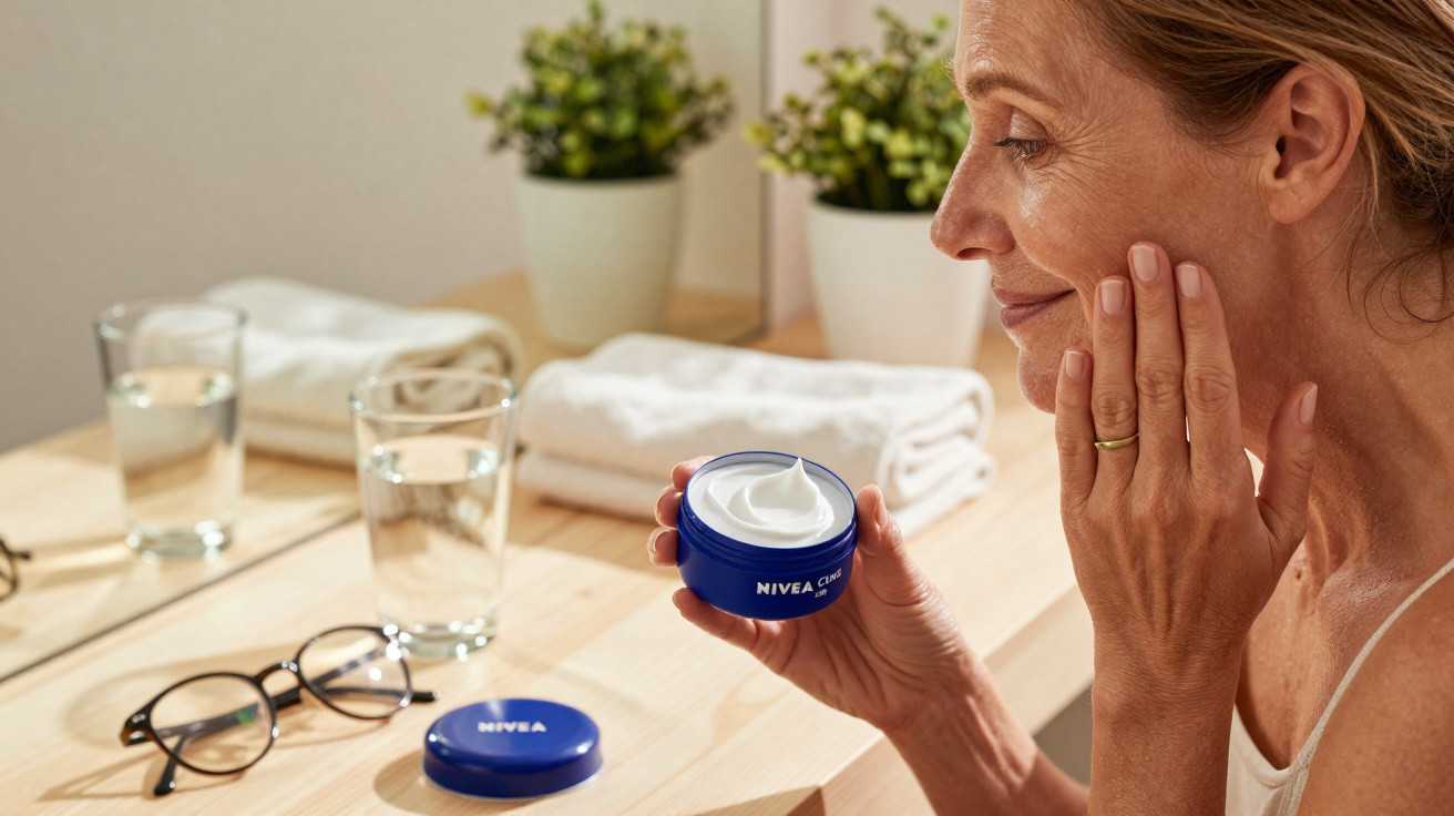Mulher aplicando creme Nivea no rosto em ambiente claro com toalhas, copos d'água e planta ao fundo.
