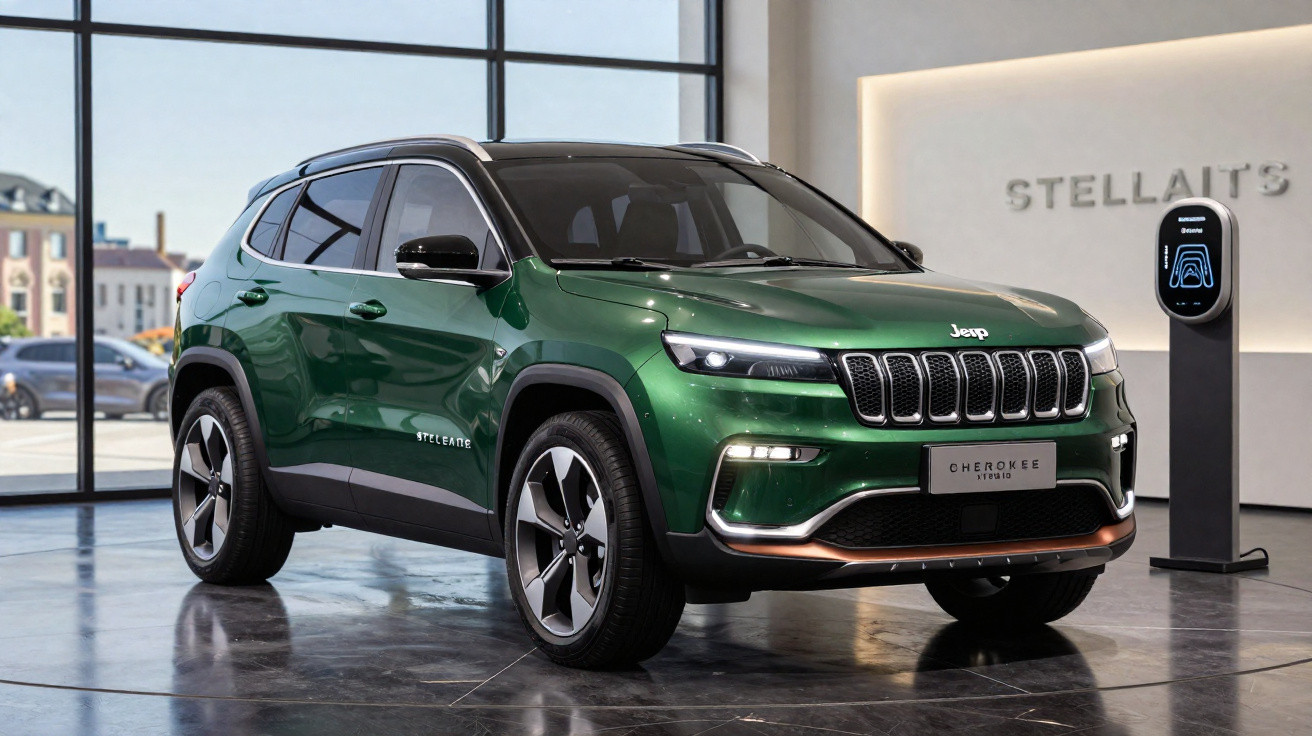 SUV Jeep Cherokee verde com teto preto em exposição interna, ao lado de estação de carregamento elétrico.