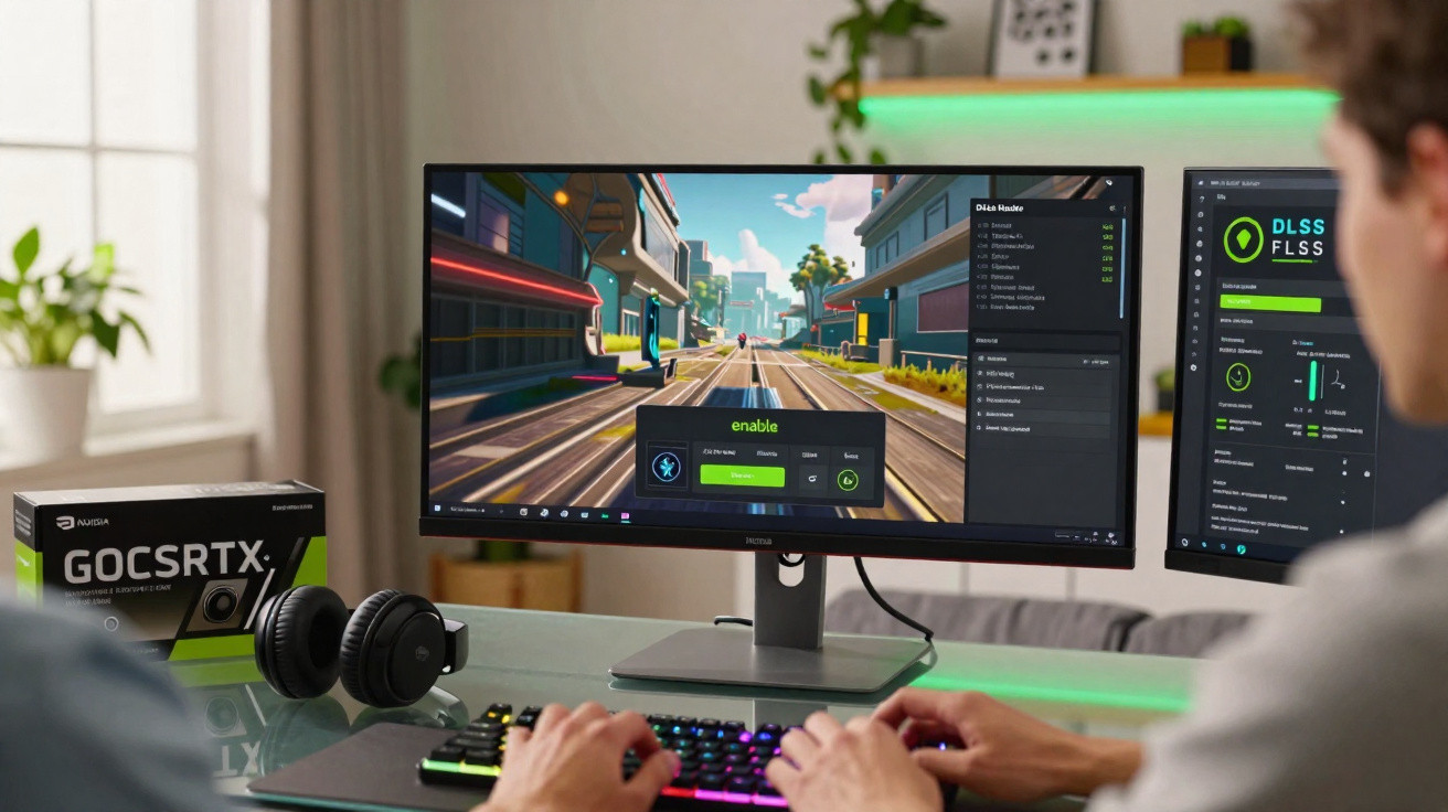 Pessoa jogando em computador com dois monitores, teclado RGB e placa gráfica NVIDIA GeForce RTX na mesa.