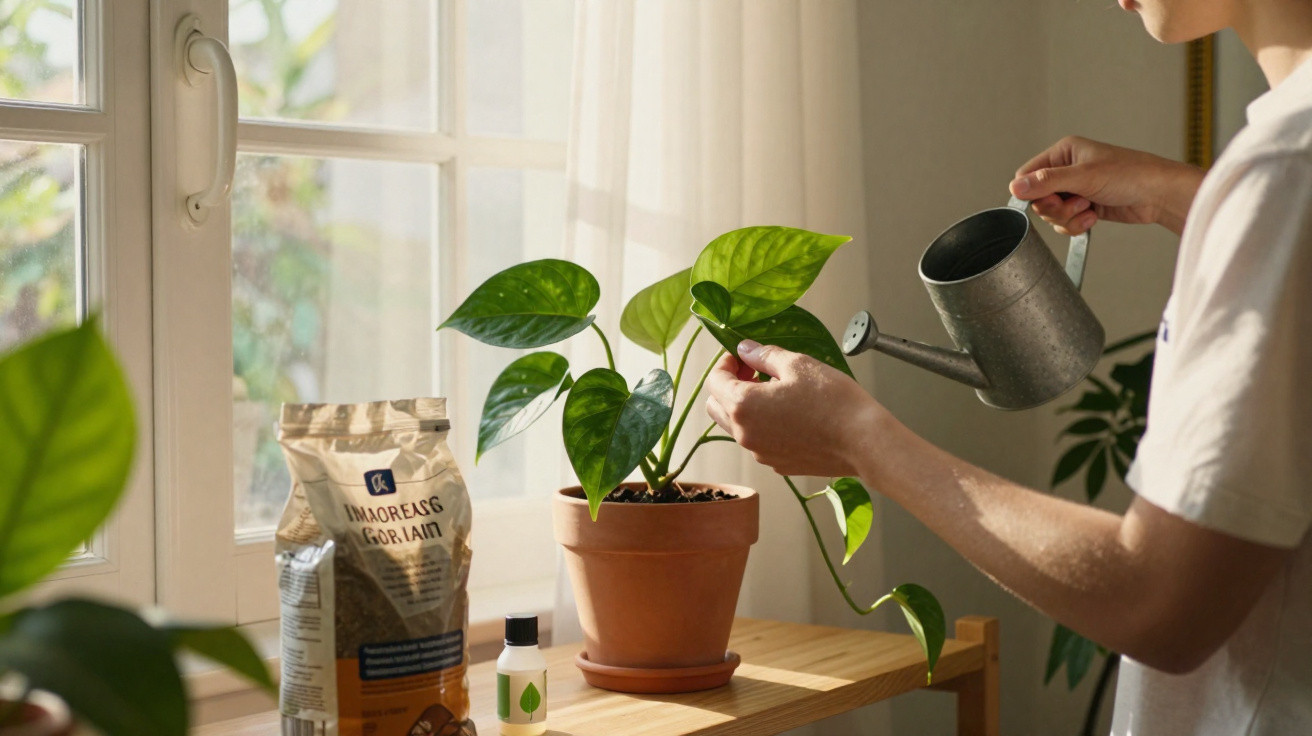 Pessoa regando planta em vaso de barro perto de janela com produtos para cuidados com plantas sobre mesa de madeira