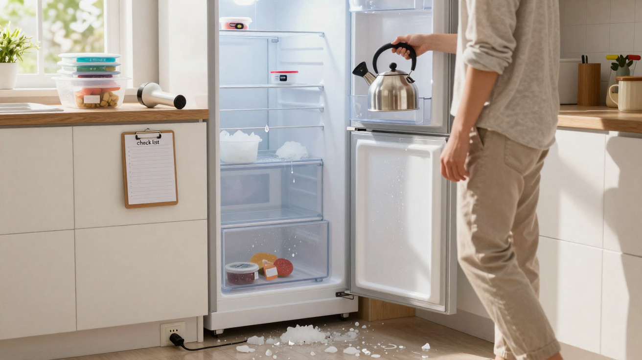 Pessoa abrindo geladeira com gelo e líquidos derretidos espalhados no chão da cozinha clara.