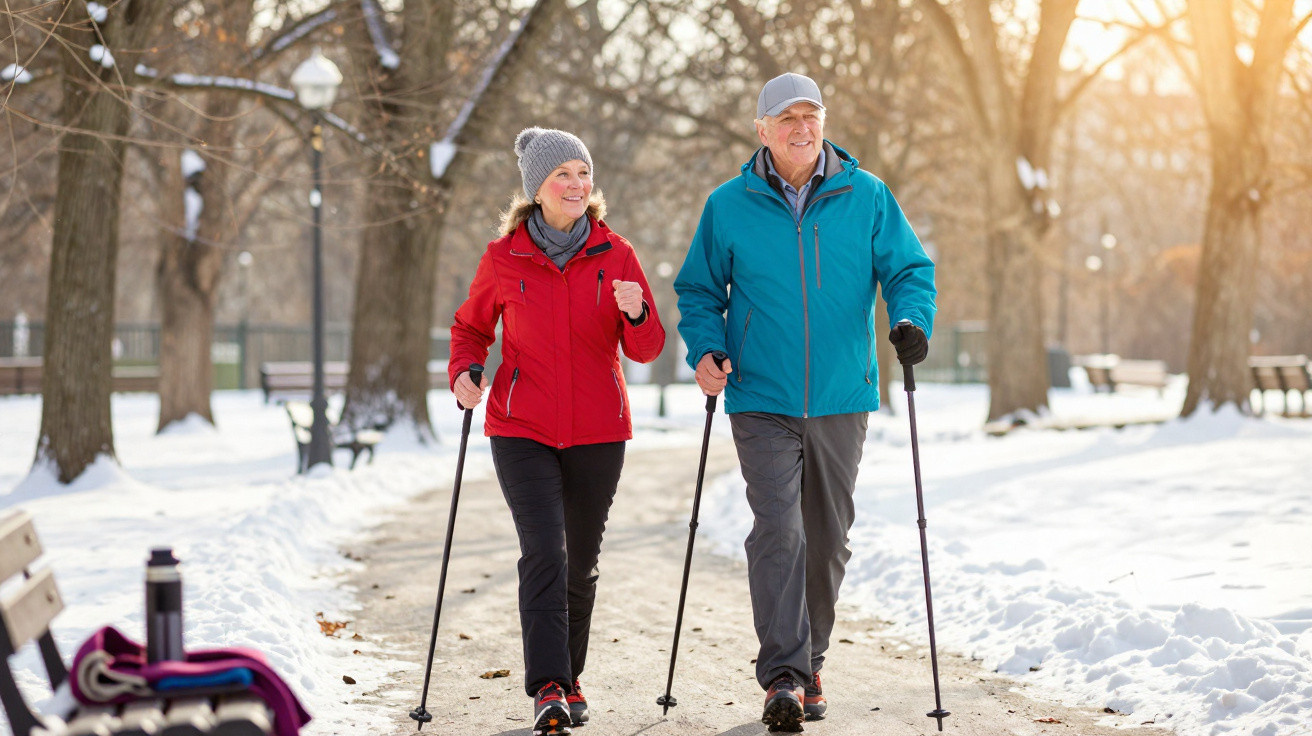 Casal de idosos caminhando com bastões em parque coberto de neve ao amanhecer.
