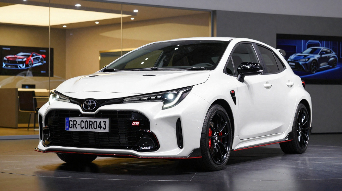 Carro esportivo branco Toyota GR Corolla estacionado em ambiente interno com rodas pretas e detalhes vermelhos.