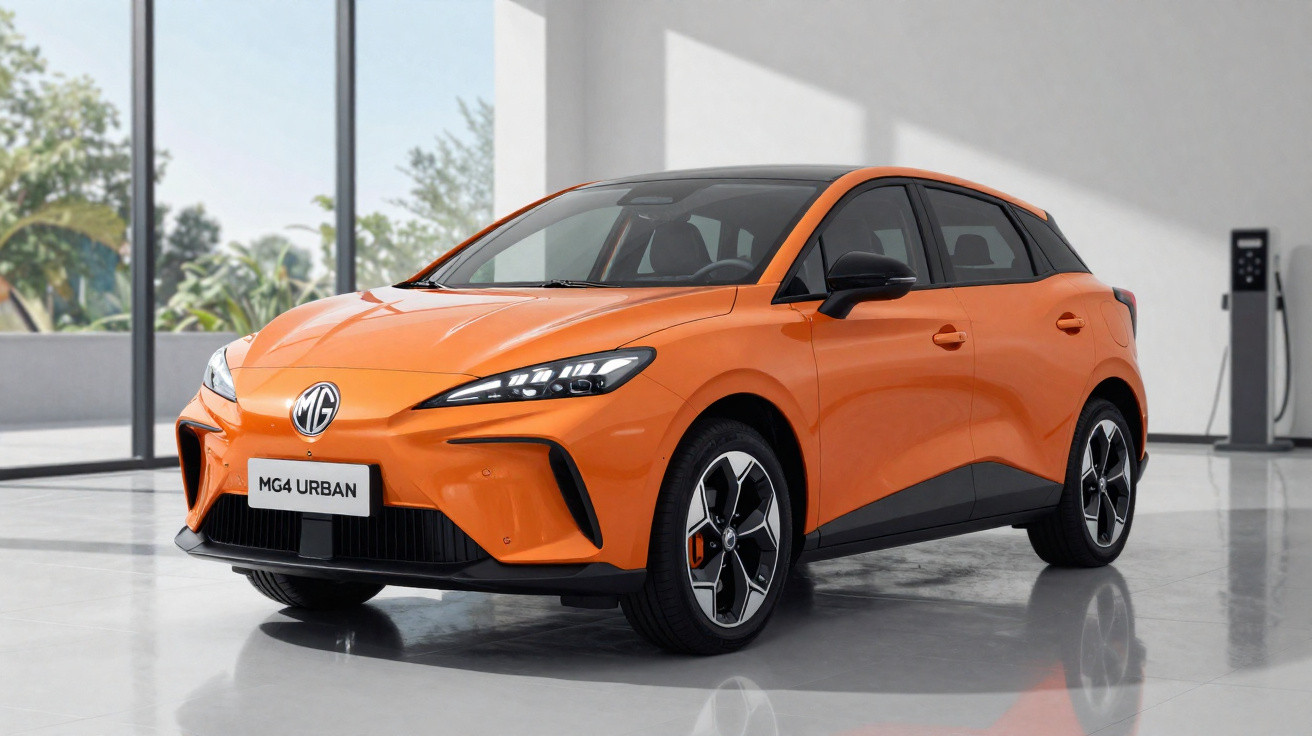 Carro elétrico MG4 Urban laranja estacionado em ambiente interno moderno, com carregador elétrico ao fundo.