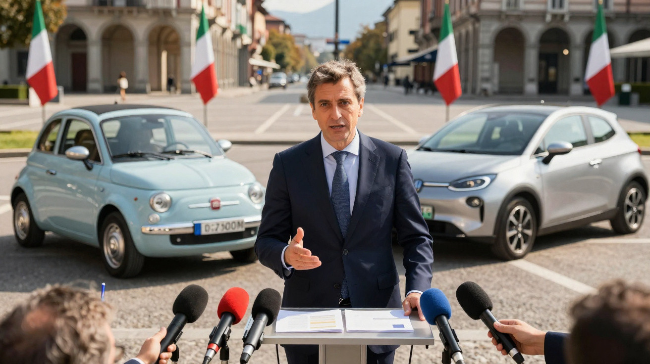 Homem de terno falando em coletiva em praça com carros Fiat clássicos e modernos ao fundo e bandeiras da Itália.