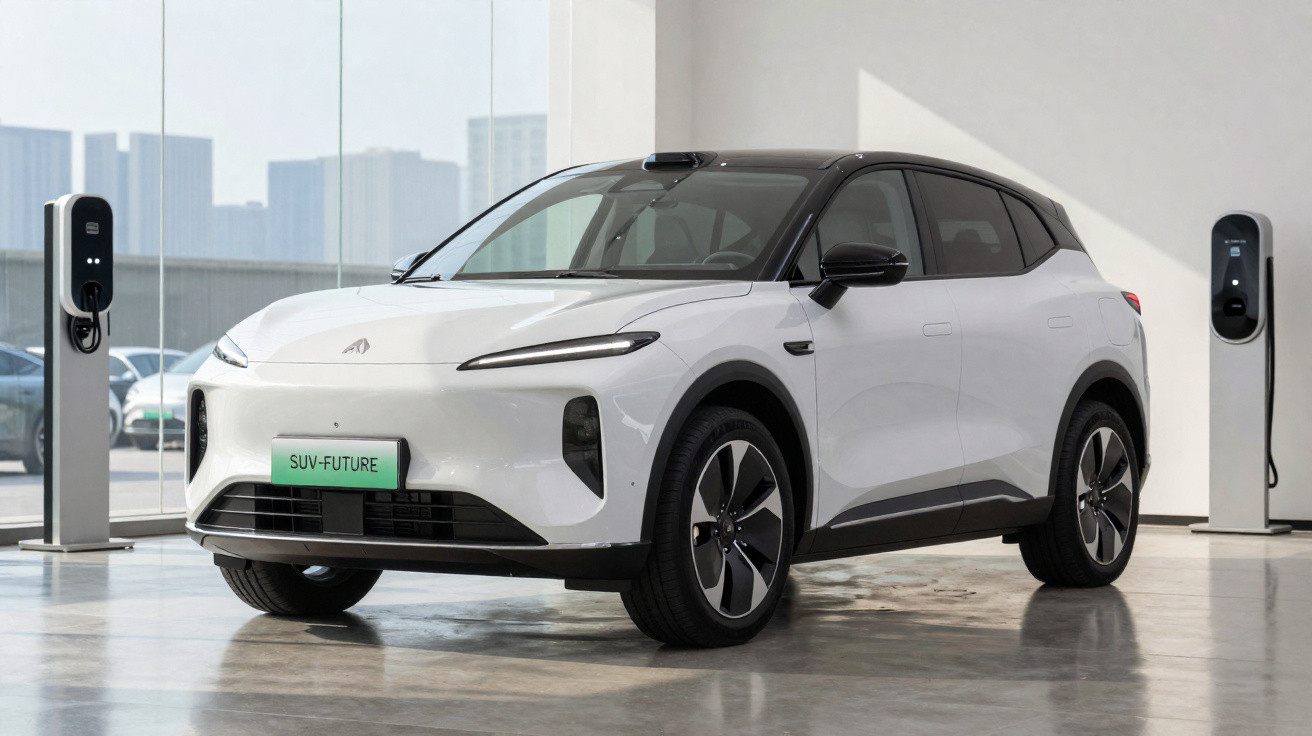 Carro SUV elétrico branco com teto preto estacionado ao lado de dois carregadores em ambiente interno.
