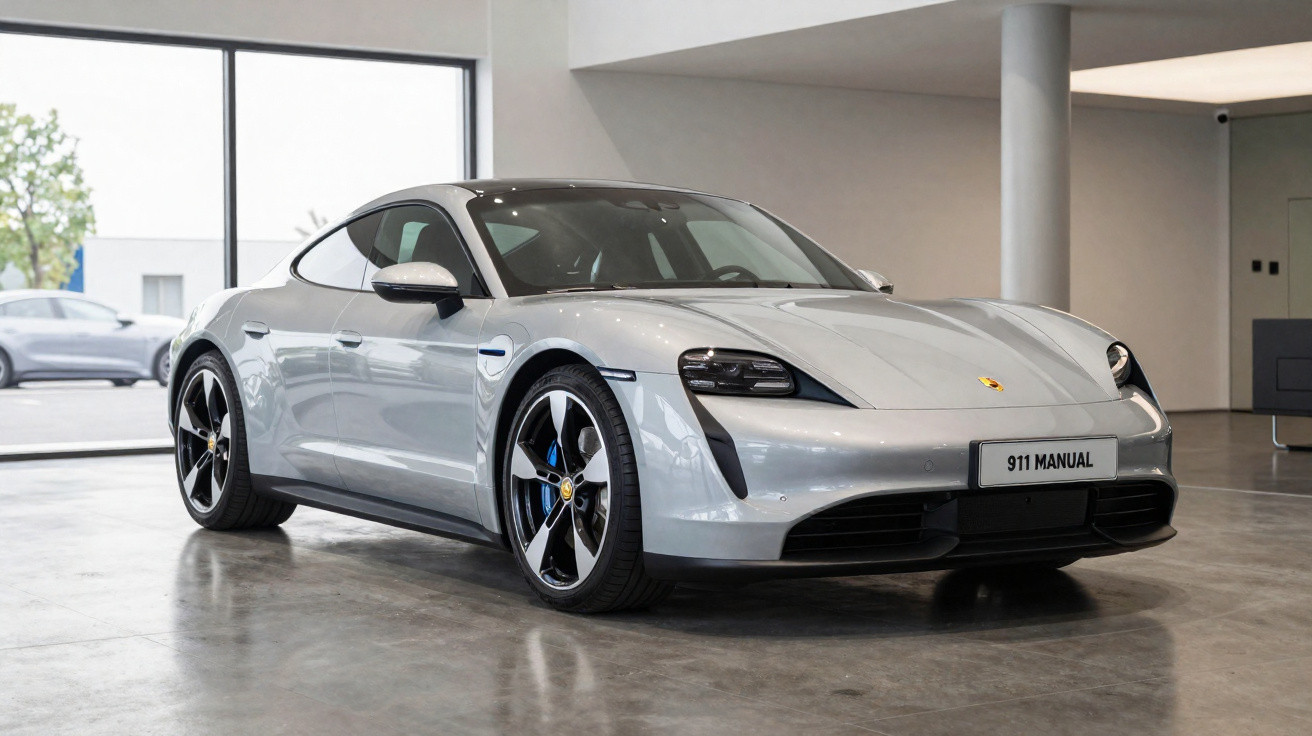 Carro esportivo prata Porsche Taycan com placas "911 MANUAL" em showroom moderno e bem iluminado.