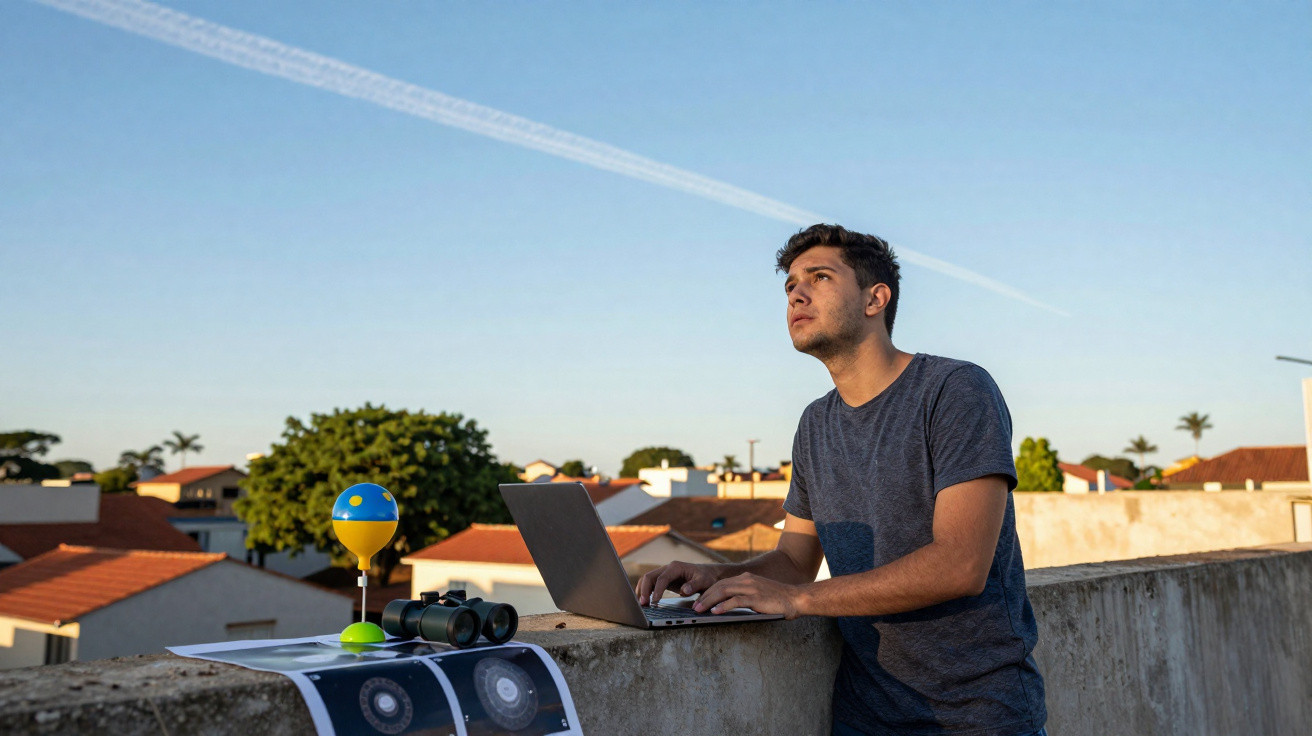 Homem jovem usando laptop em muro de terraço com céu azul e objetos de astronomia ao lado.