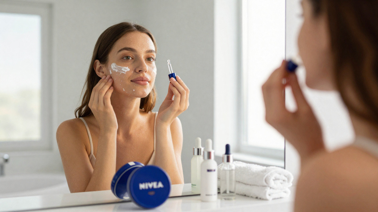 Mulher aplicando creme facial Nivea no rosto em frente ao espelho no banheiro.