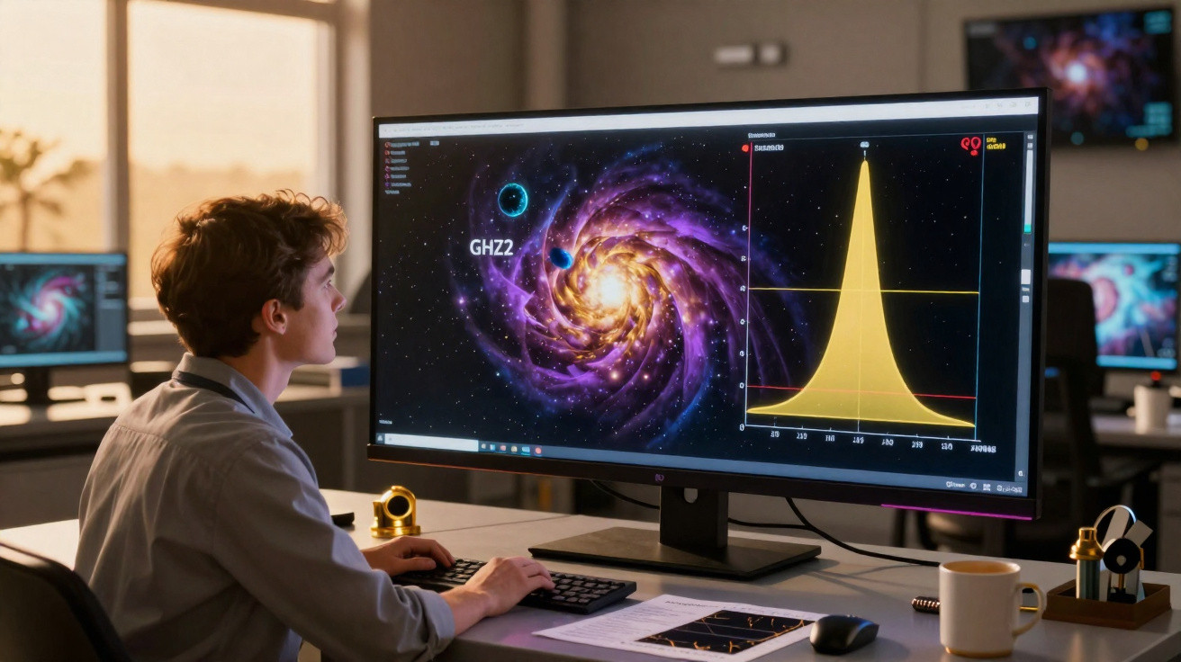 Jovem analisa imagens e gráficos de galáxia em grande monitor de computador em escritório moderno.