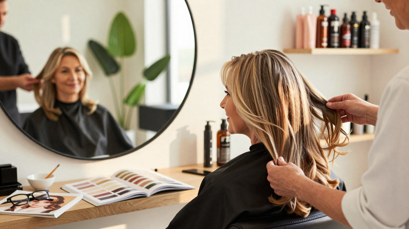 Mulher loira sentada em salão de beleza recebendo cuidado no cabelo de cabeleireiro.