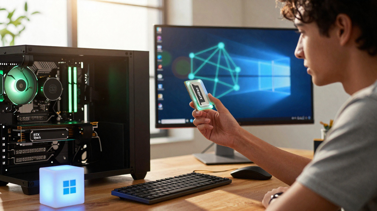 Jovem segurando componente de hardware enquanto usa computador desktop com iluminação verde ambiental e janela ao fundo.