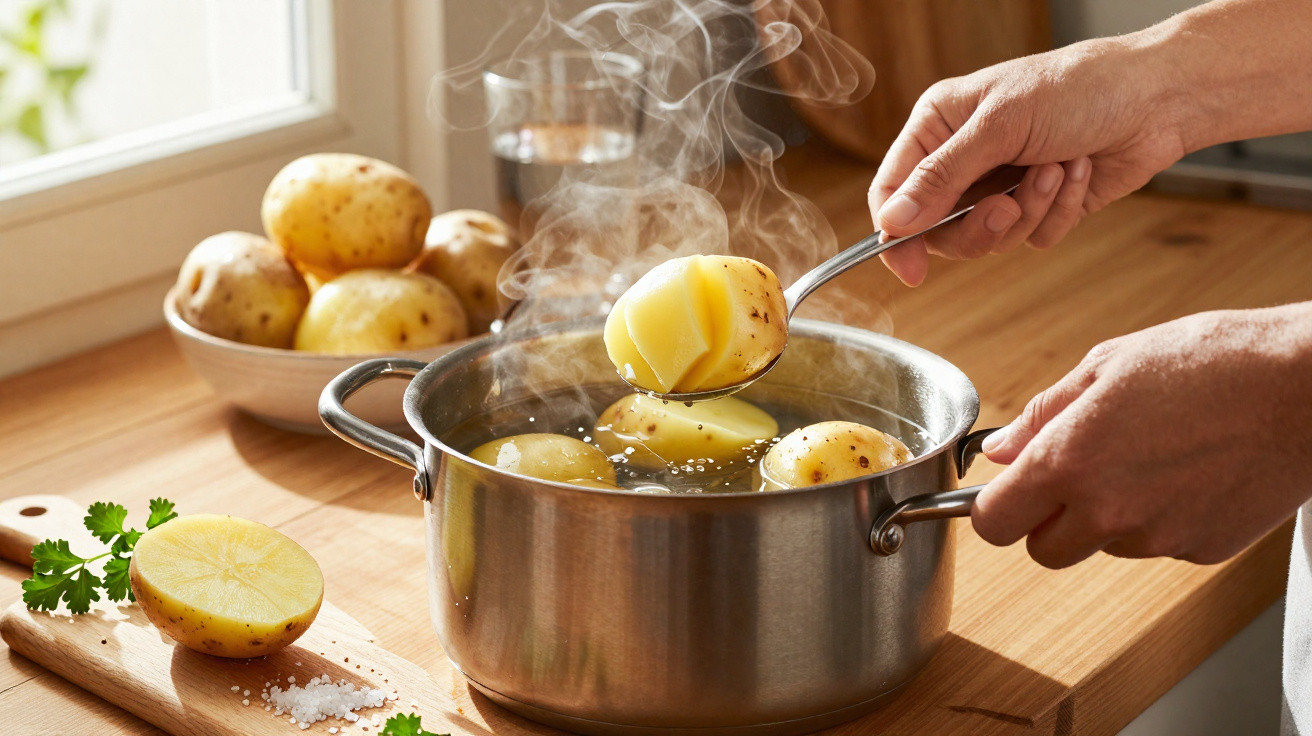 Mãos retirando batatas cozidas fumegantes de panela de inox em bancada de madeira clara.