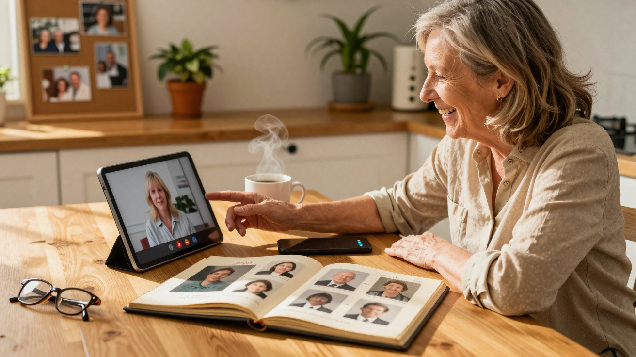 Mulher idosa sorrindo durante chamada de vídeo ao lado de álbum de fotos aberto em mesa de madeira.