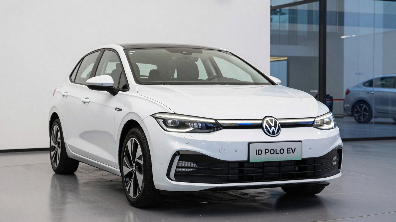 Carro elétrico Volkswagen ID Polo EV branco em exposição interna com design moderno e faróis LED.