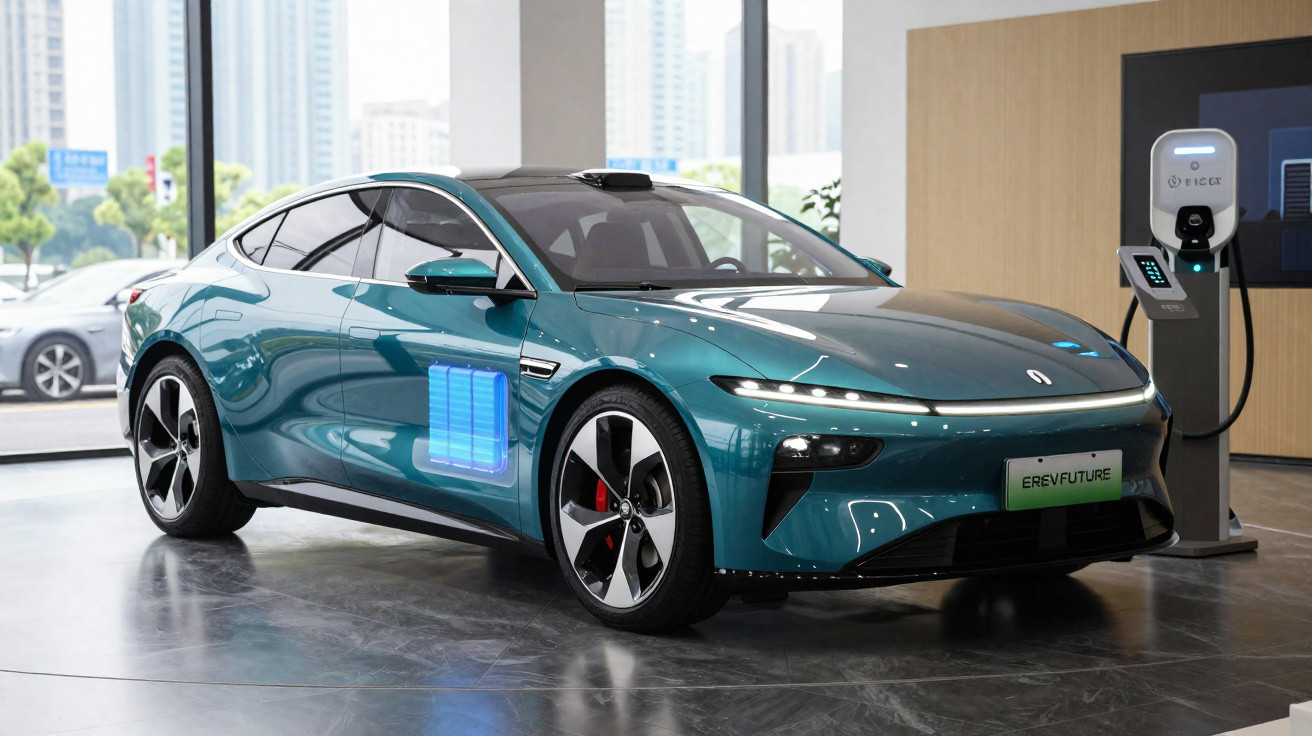 Carro elétrico azul metálico em carregador dentro de showroom moderno com janelas grandes ao fundo.