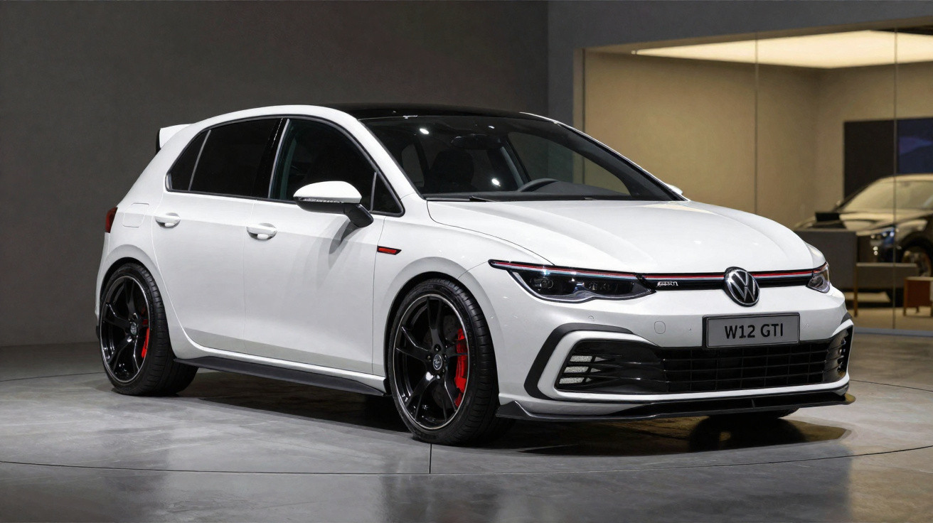 Carro hatchback branco Volkswagen GTI W12 estacionado em ambiente interno com piso cinza.