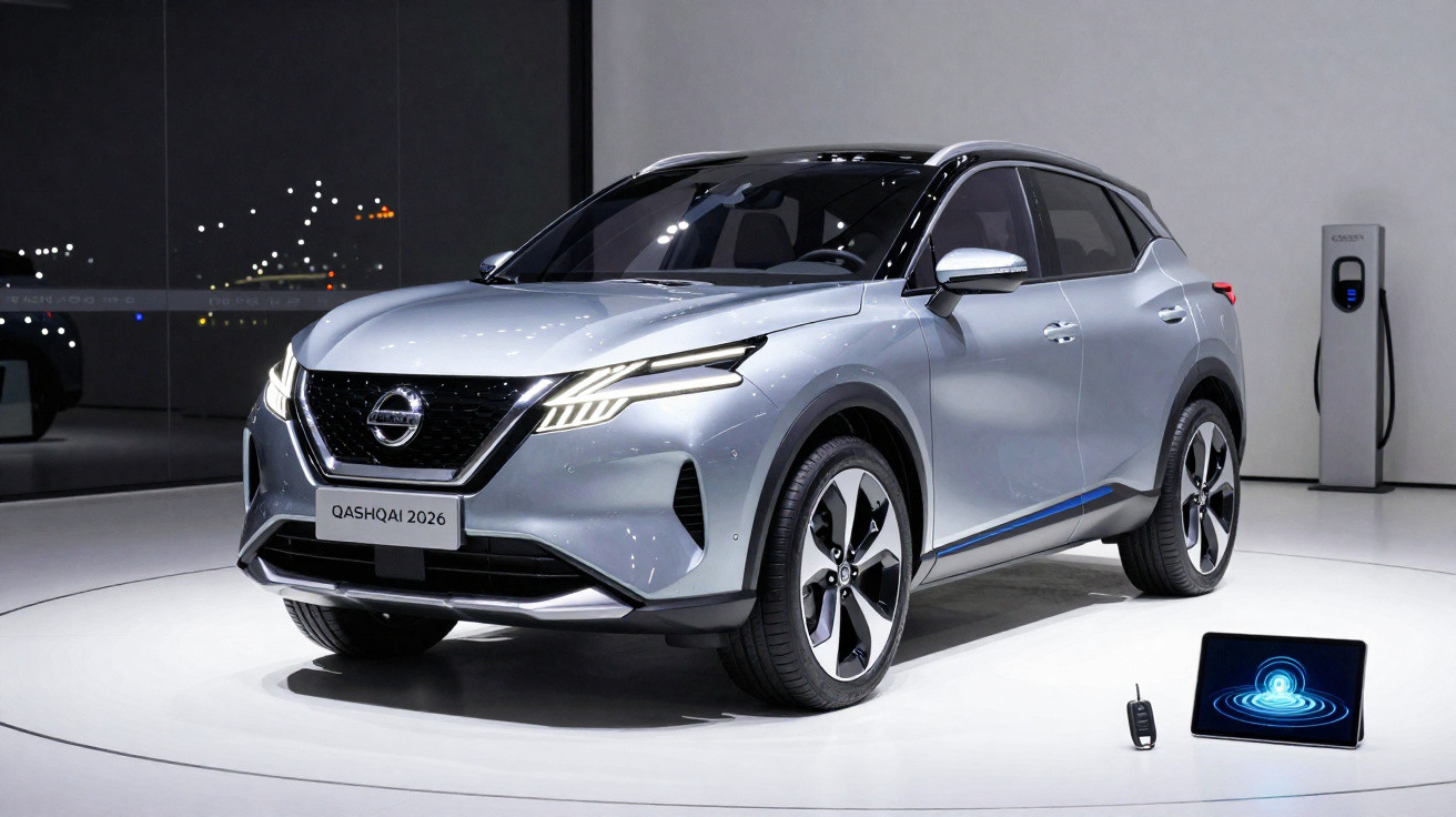 Carro SUV Nissan Qashqai 2026 prata exibido em estande moderno com carregador e tela digital ao lado.