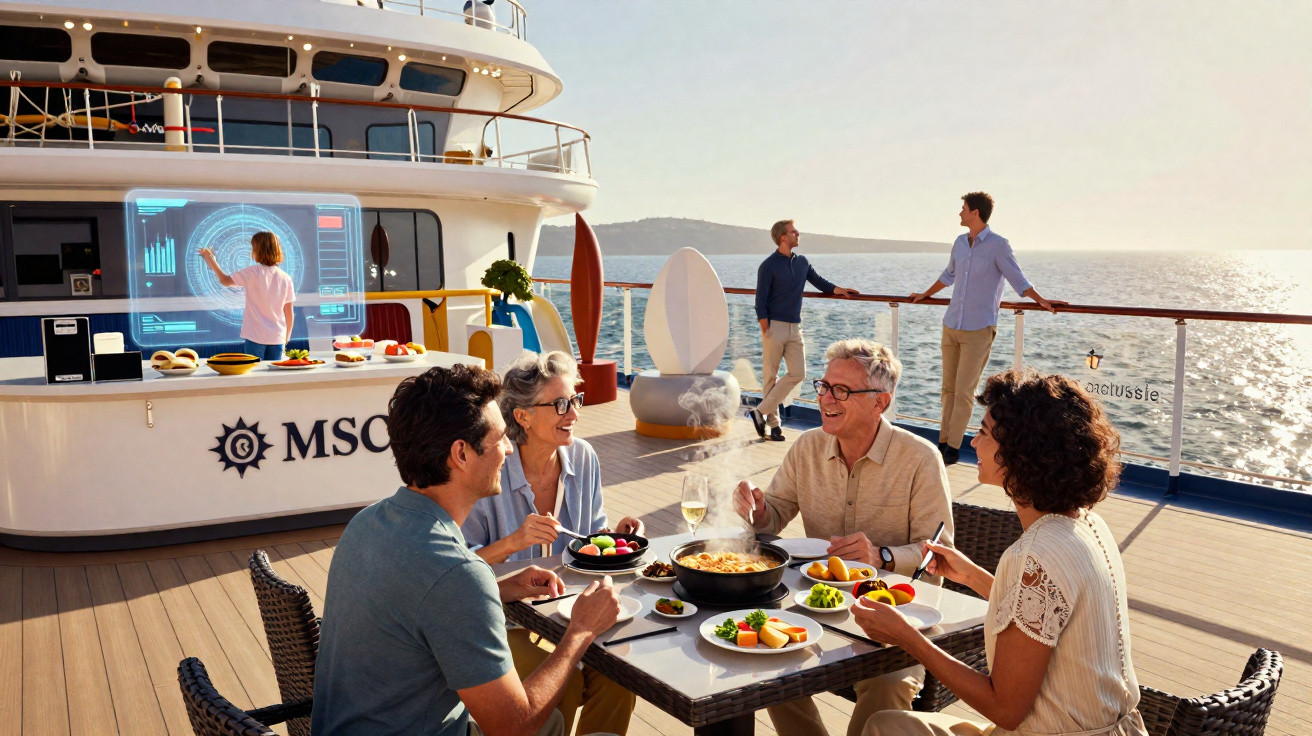 Grupo de quatro pessoas comendo ao ar livre em um cruzeiro MSC, com duas pessoas conversando no fundo.