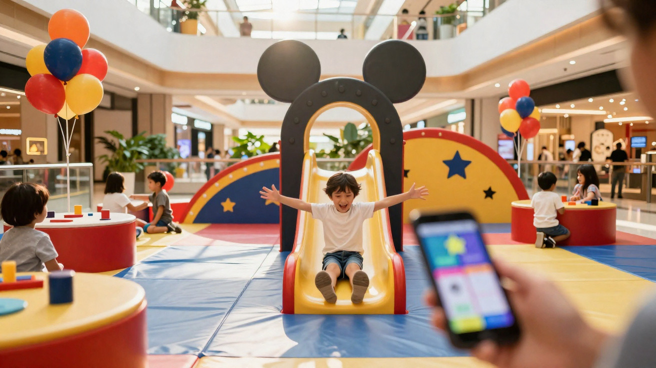 Criança sorrindo descendo escorregador temático do Mickey em área de recreação interna com outras crianças.