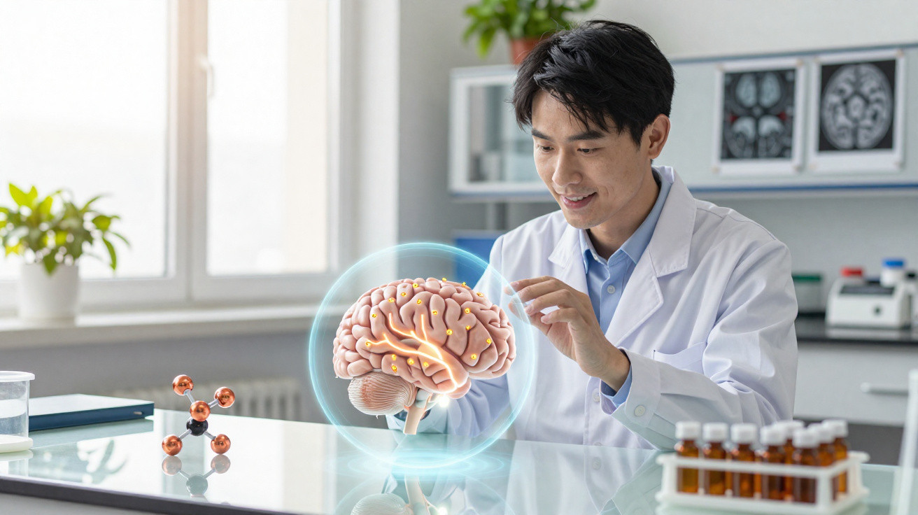 Cientista em laboratório analisando modelo holográfico do cérebro humano sobre mesa branca.