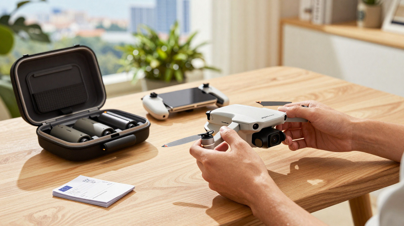 Mãos seguram drone branco sobre mesa de madeira com controle e acessórios ao fundo.