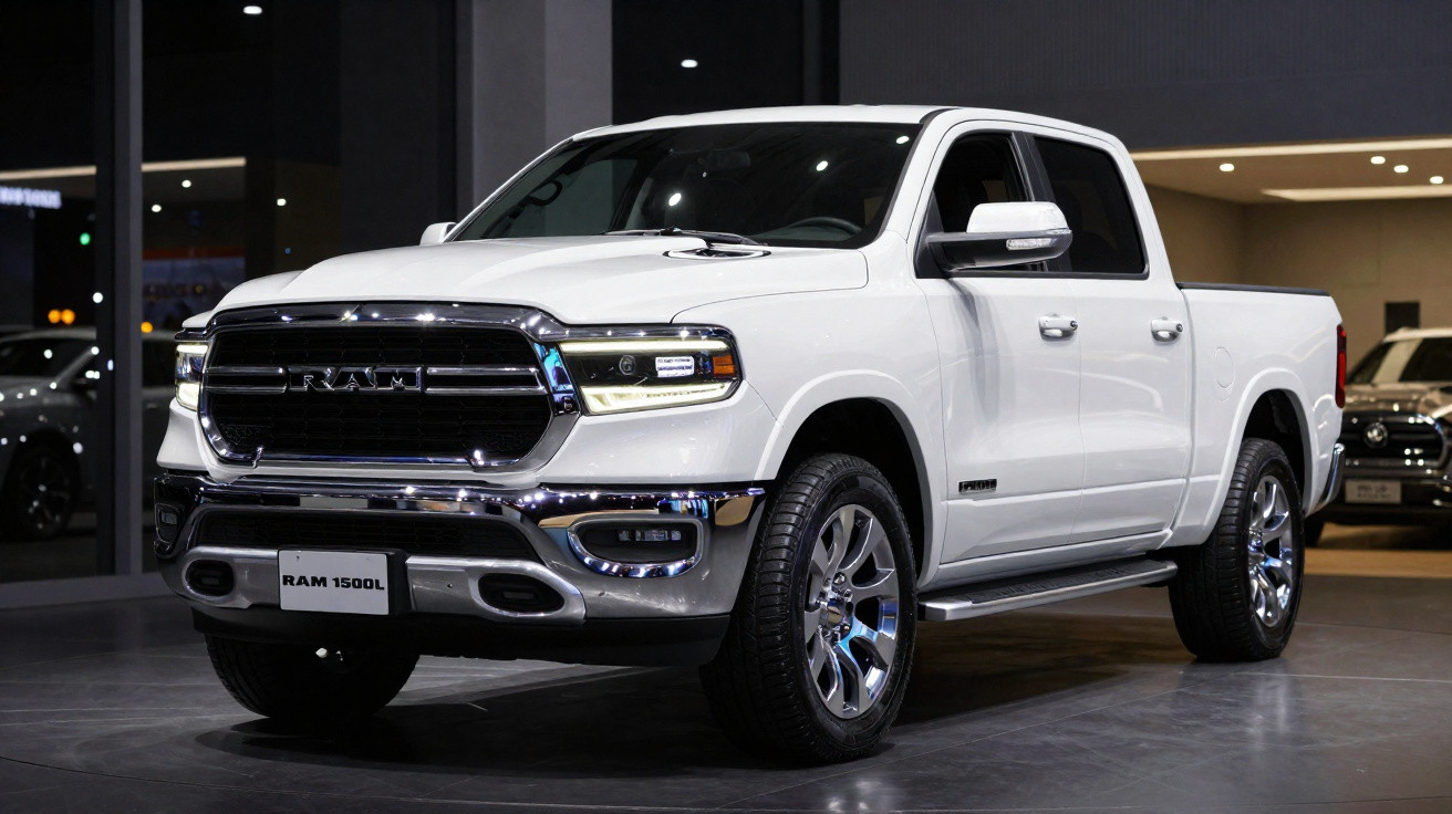 Picape branca RAM 1500L em exposição, vista frontal e lateral, ambiente interno bem iluminado.