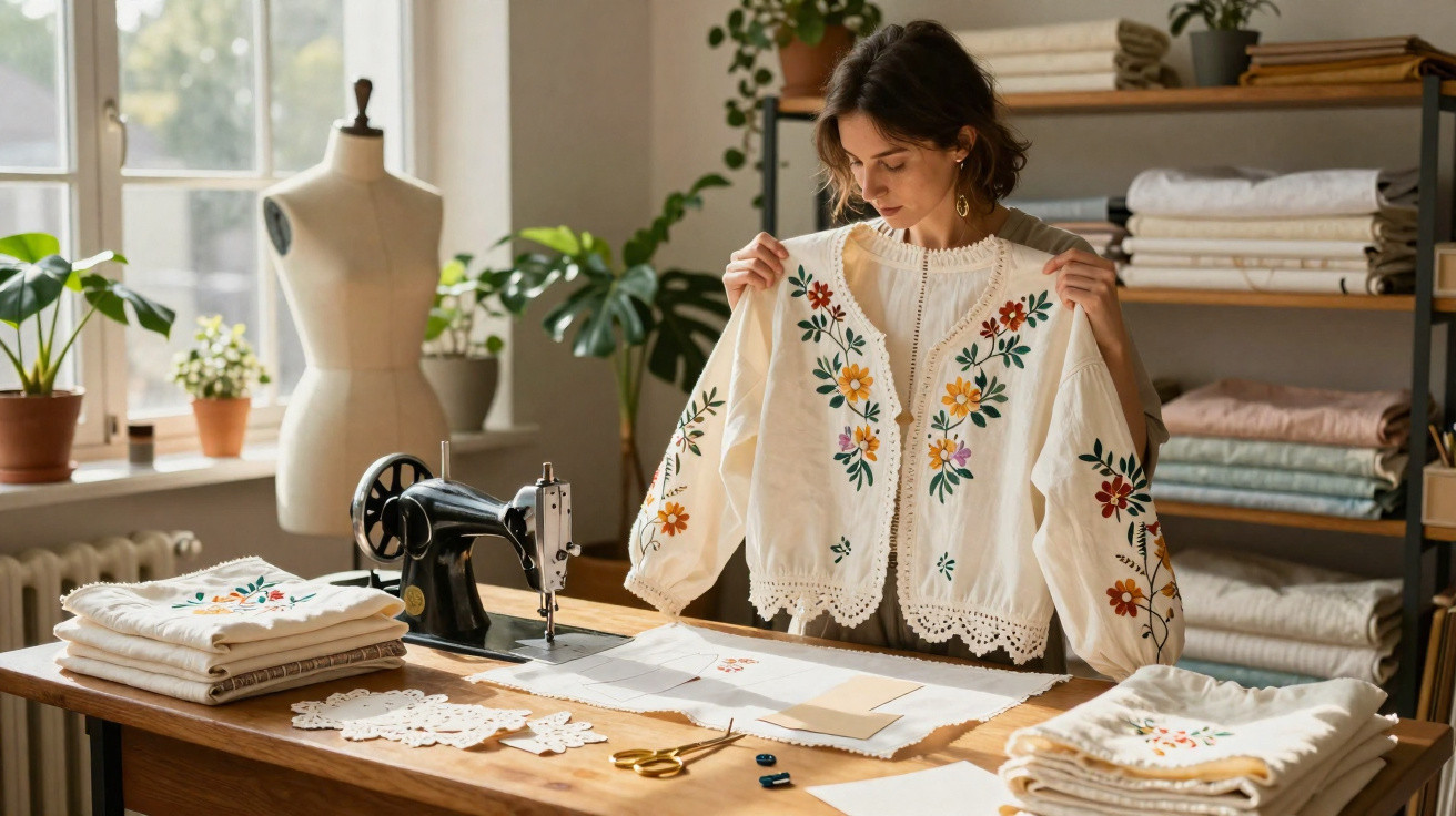 Mulher avaliando blusa branca com bordados florais coloridos em ateliê de costura iluminado.