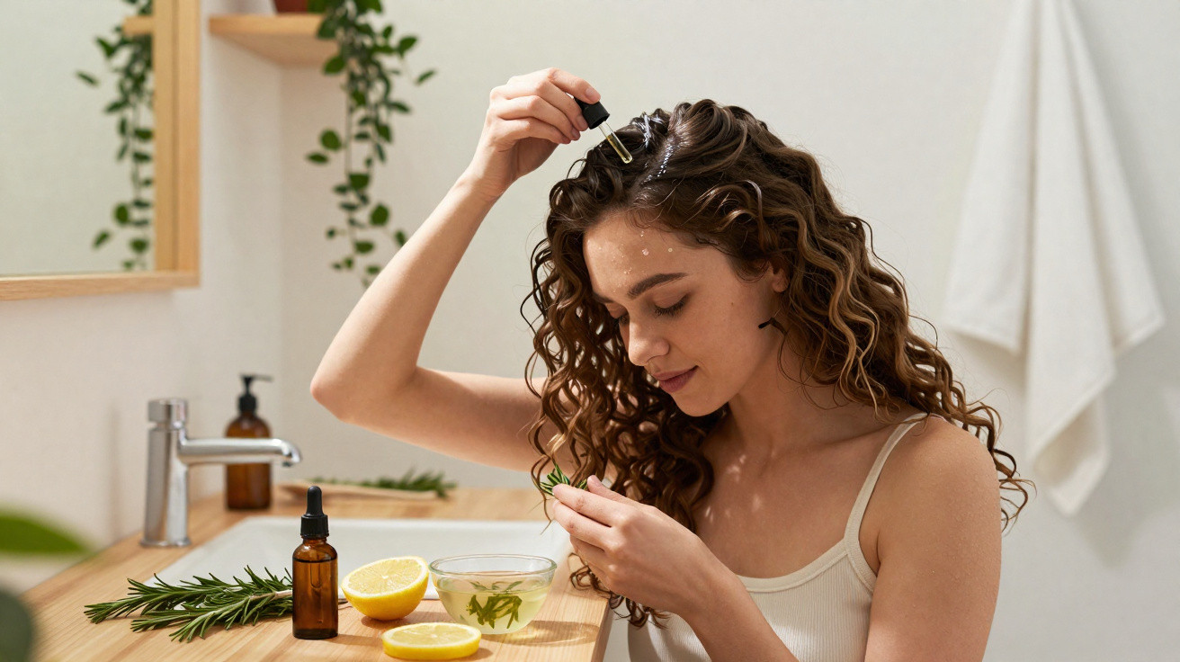 Mulher aplicando óleo facial com conta-gotas em frente ao espelho em banheiro com plantas e limão.