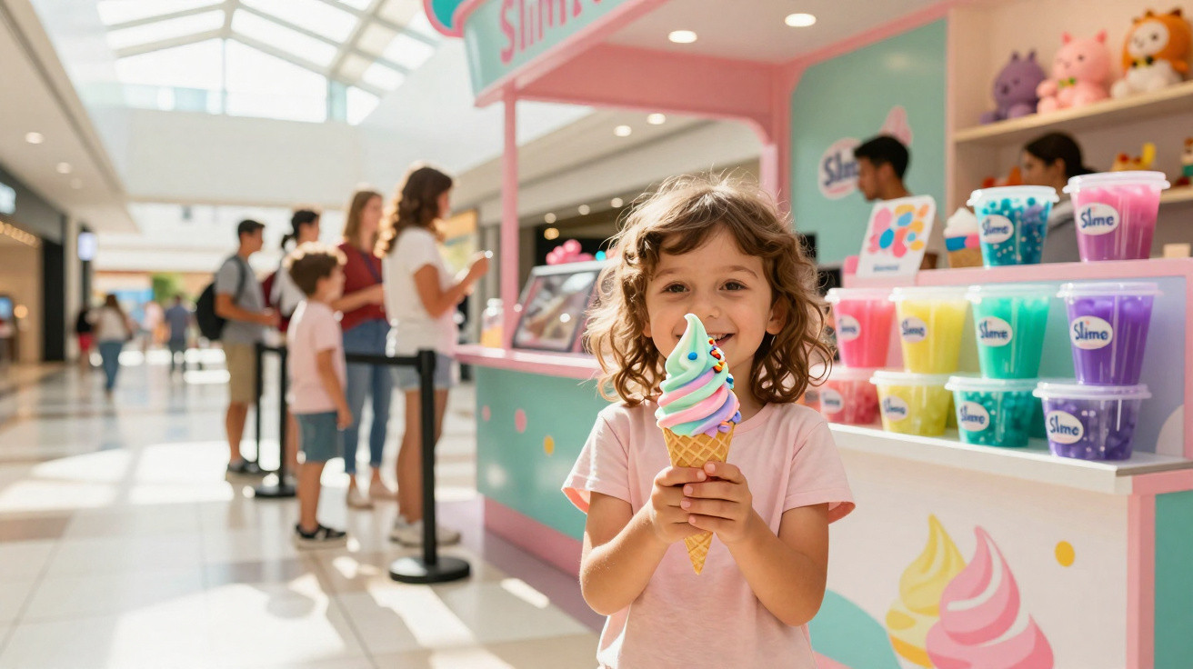 Criança sorrindo segurando sorvete colorido em casquinha em sorveteria dentro de shopping.