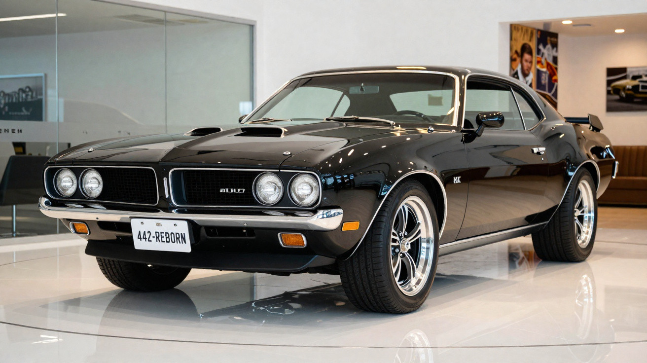 Carro clássico preto Oldsmobile 442 1970 em exposição interna com acabamento brilhante.