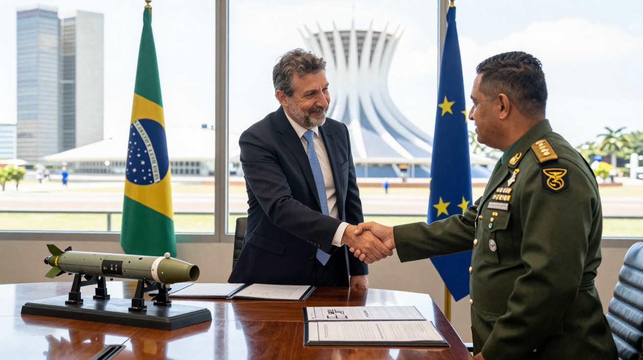 Dois homens apertam as mãos em frente a bandeiras do Brasil e da União Europeia, com modelo de míssil sobre a mesa.
