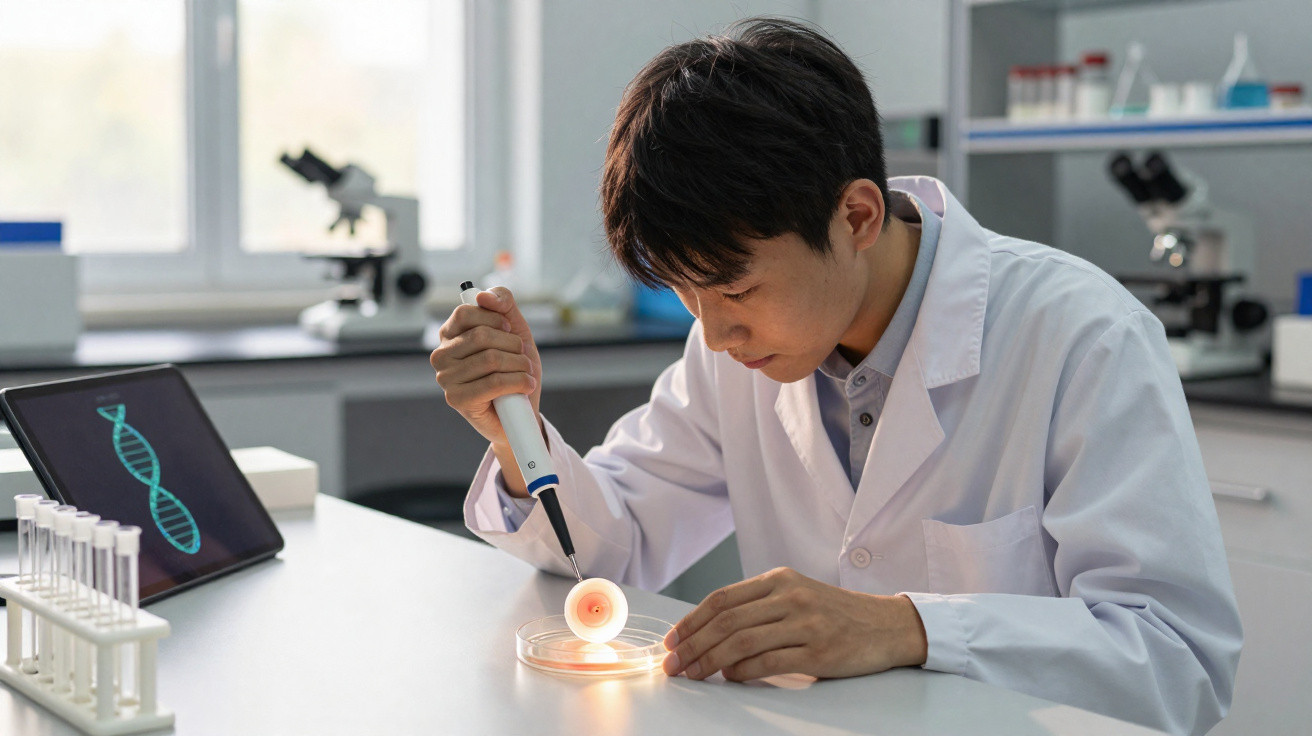 Cientista usando pipeta em placa de Petri em laboratório com microscópios e DNA na tela.